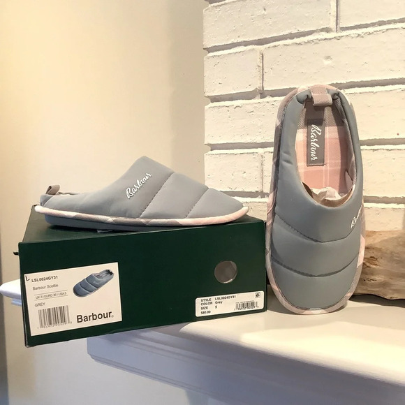 NIB Barbour “Scottie” Gray and Pink Quilted Slip On Size 5 Womens - Picture 4 of 12